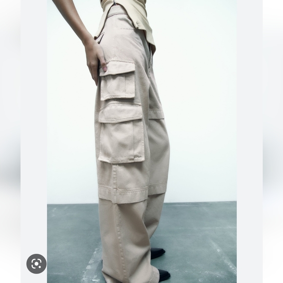 Zara * Cargo Pants Trousers Wide Beige - Picture 13 of 15
